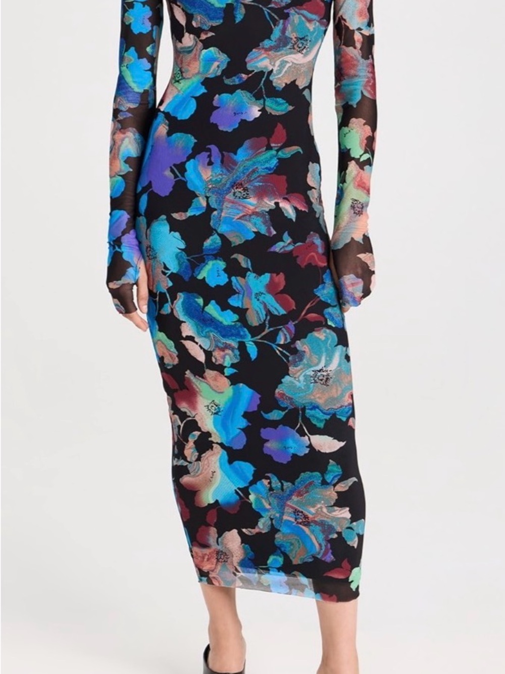 Floral Mesh Long-Sleeve Midi Dress in Multicolor